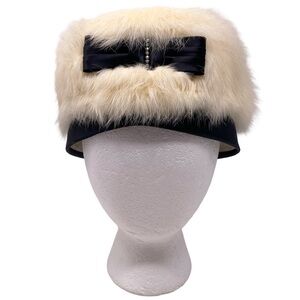 Vintage The Bonnet Shoppe Cream Faux Fur Black Satin Pillbox Hat Made In USA